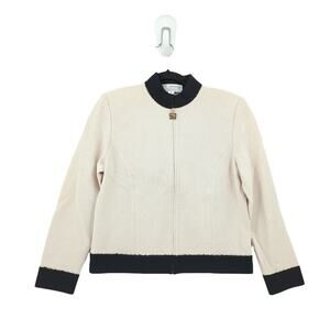 ST JOHN Women 4 Santana Cardigan Blazer Cream White Black Paillette Zip VTG FLAW